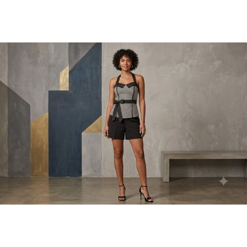 Vintage Y2K Women's Black and White Halter Top with Belt